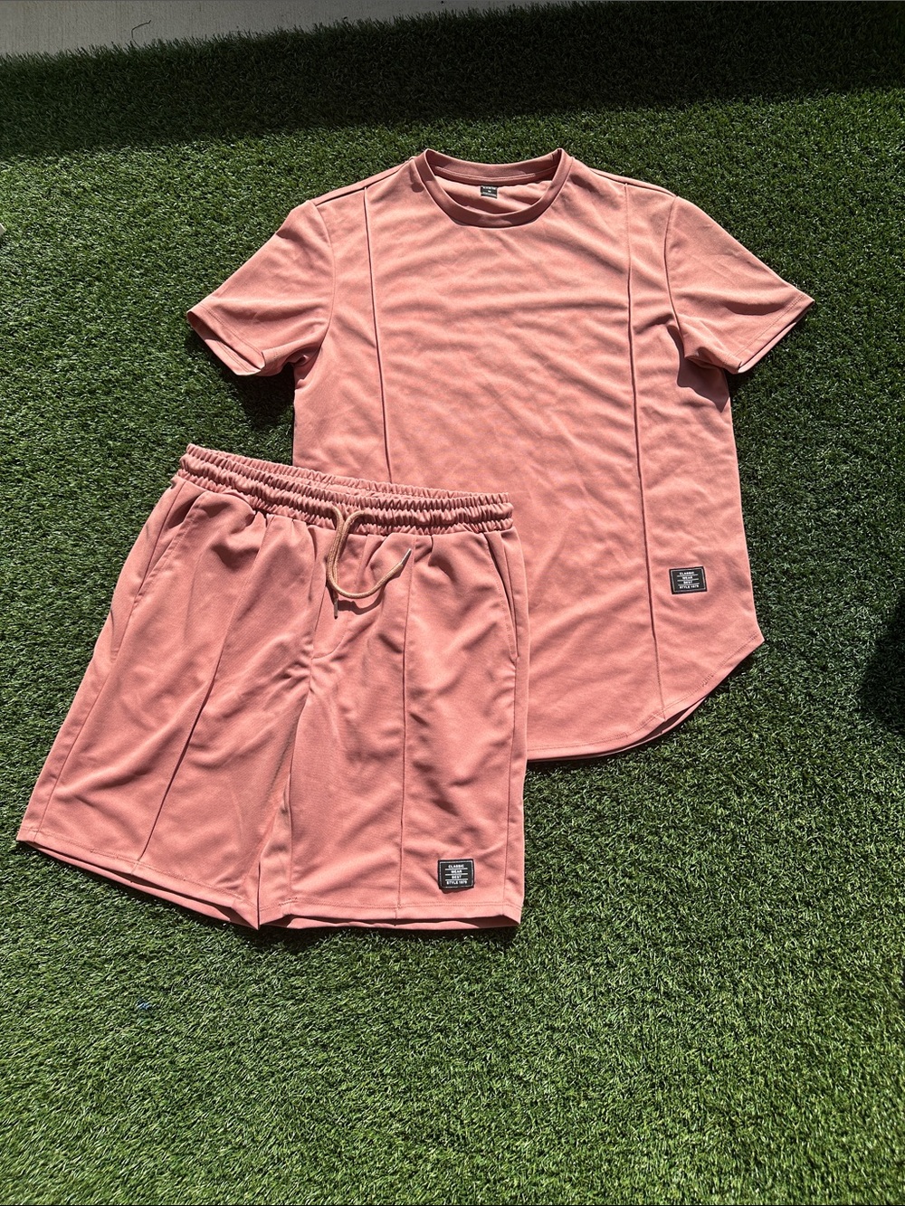 SHEIN Men's Short Sleeve Tee & Drawstring Shorts Set - Dusty Pink